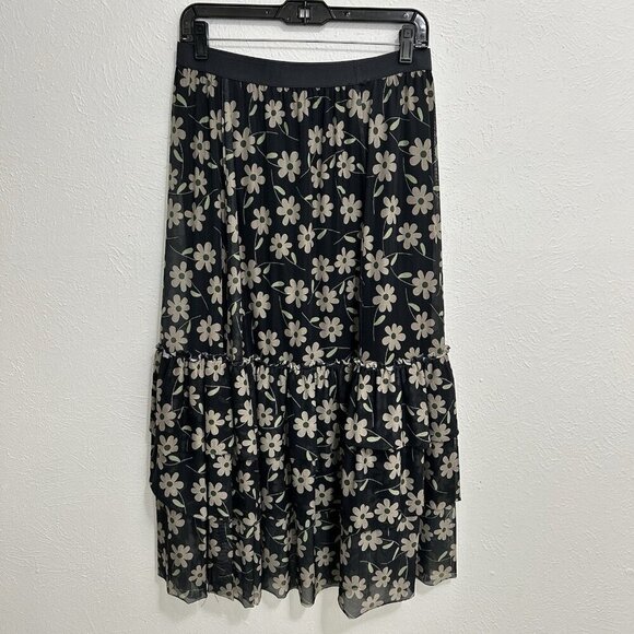 Easel Floral Tiered Ruffle Midi Skirt Chiffon Size L Lined Black Gray Boho Fairy - Picture 8 of 12